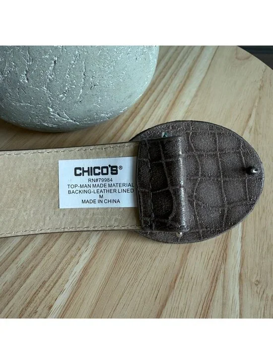 Chicos Belt M Brown Croc Embossed Faux Leather Belt With Snake Print Accents - Picture 13 of 16